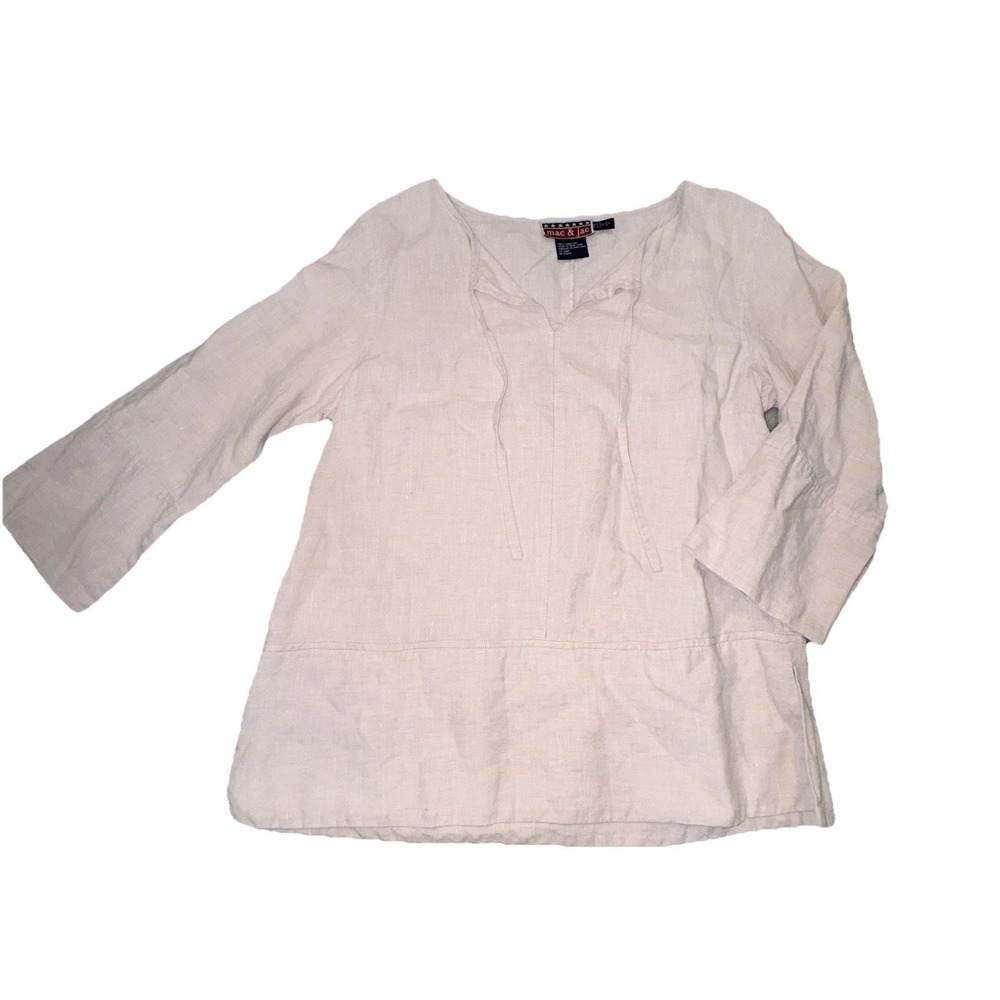 Mac & Jac Medium Boxy V Neck Tie 3/4 Sleeve Shirt Dusty Pink 100% Linen Minimal